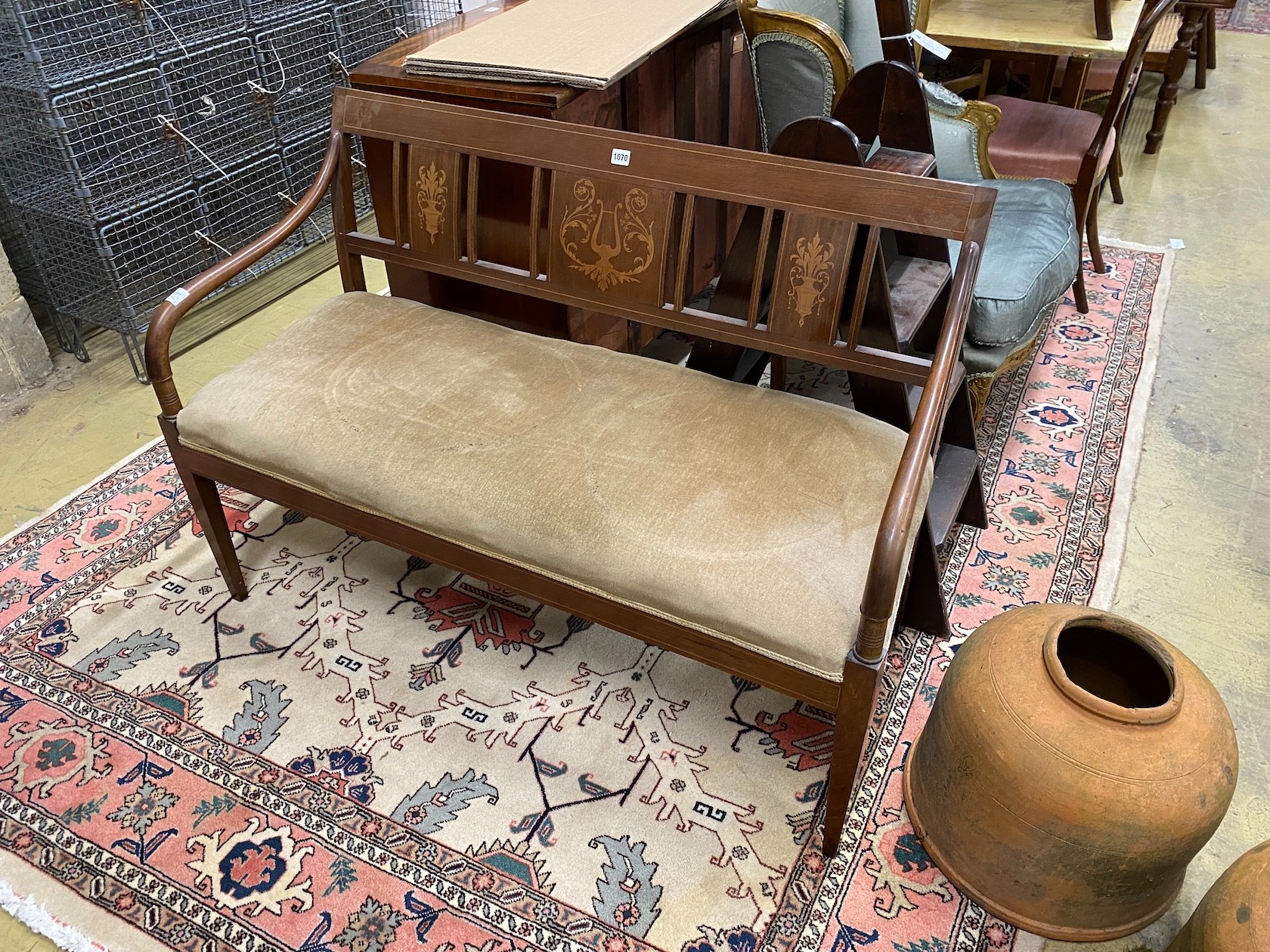 An early 20th century Danish marquetry inlaid mahogany settee, width 125cm, depth 50cm, height 84cm